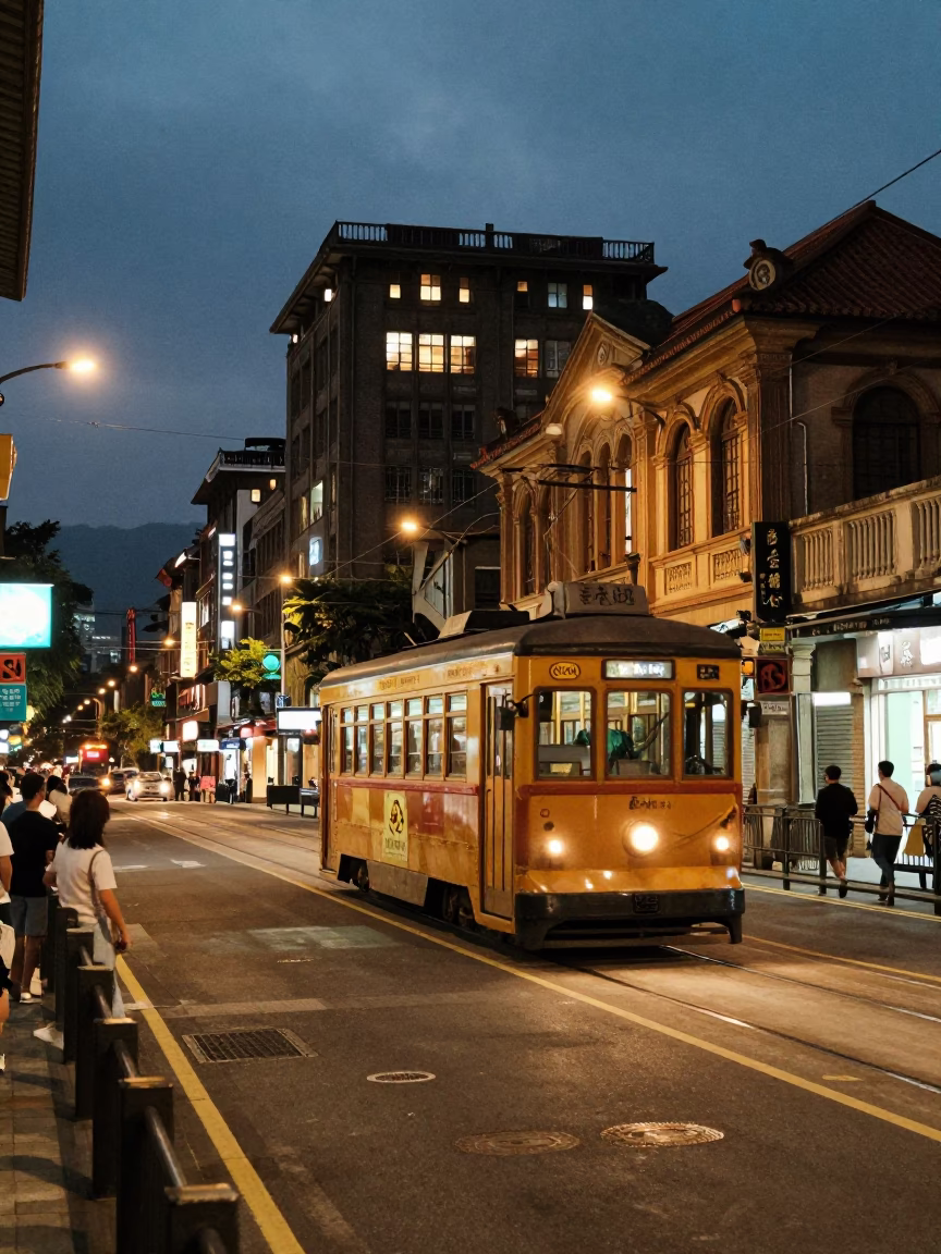 Taipei Street Scene at Dusk with Tram and Traditional Archery Contest in in Taipei, Taiwan