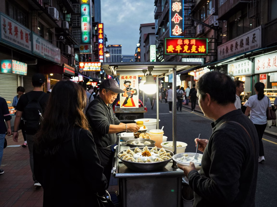 Taipei Street Scene at Dusk with Vendor Food and Neon Reflections in in Taipei, Taiwan