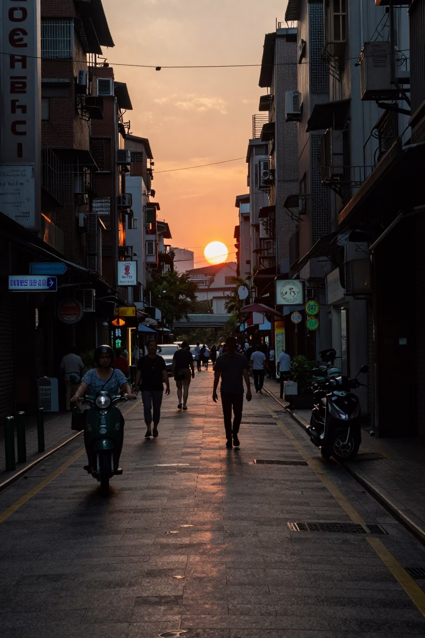 Taipei Street Scene at Dusk with Vintage 2000s Charm and Local Details in in Taipei, Taiwan