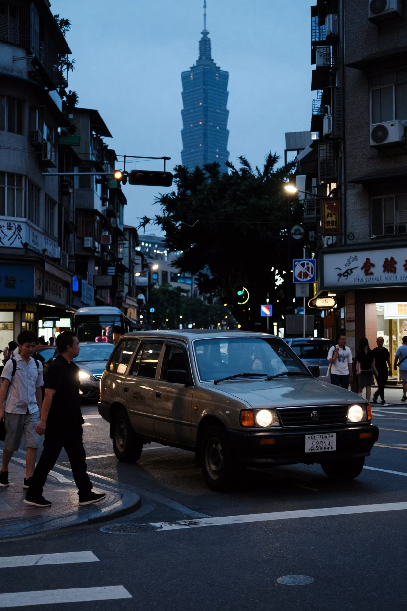 Taipei Street Scene at Dusk with Vintage SUV and Local Life in in Taipei, Taiwan