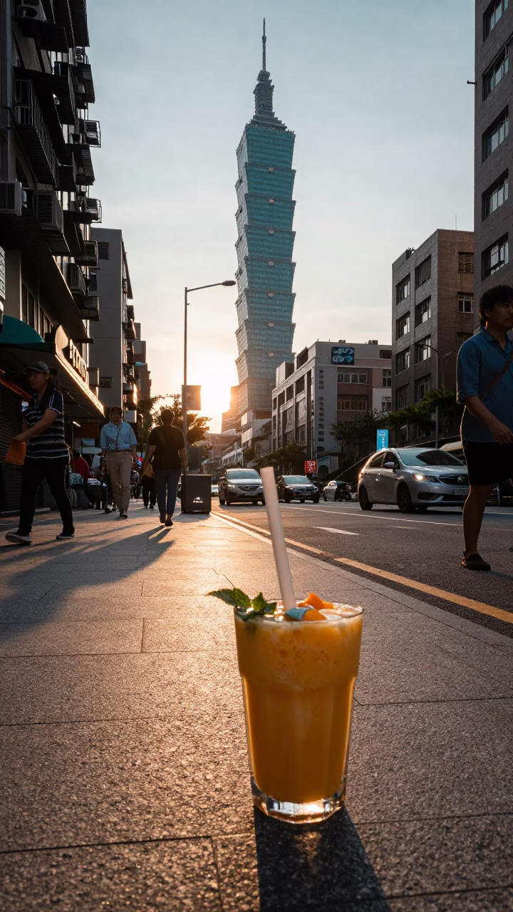 Taipei Street Scene at Golden Hour with Mango Lassi and Urban Details in in Taipei, Taiwan