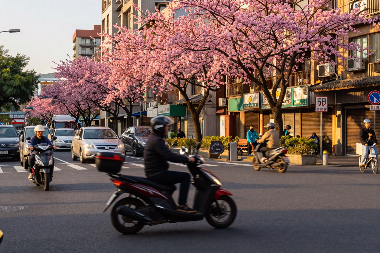 Taipei Street Scene at Golden Hour with Scooter and Cherry Trees in in Taipei, Taiwan