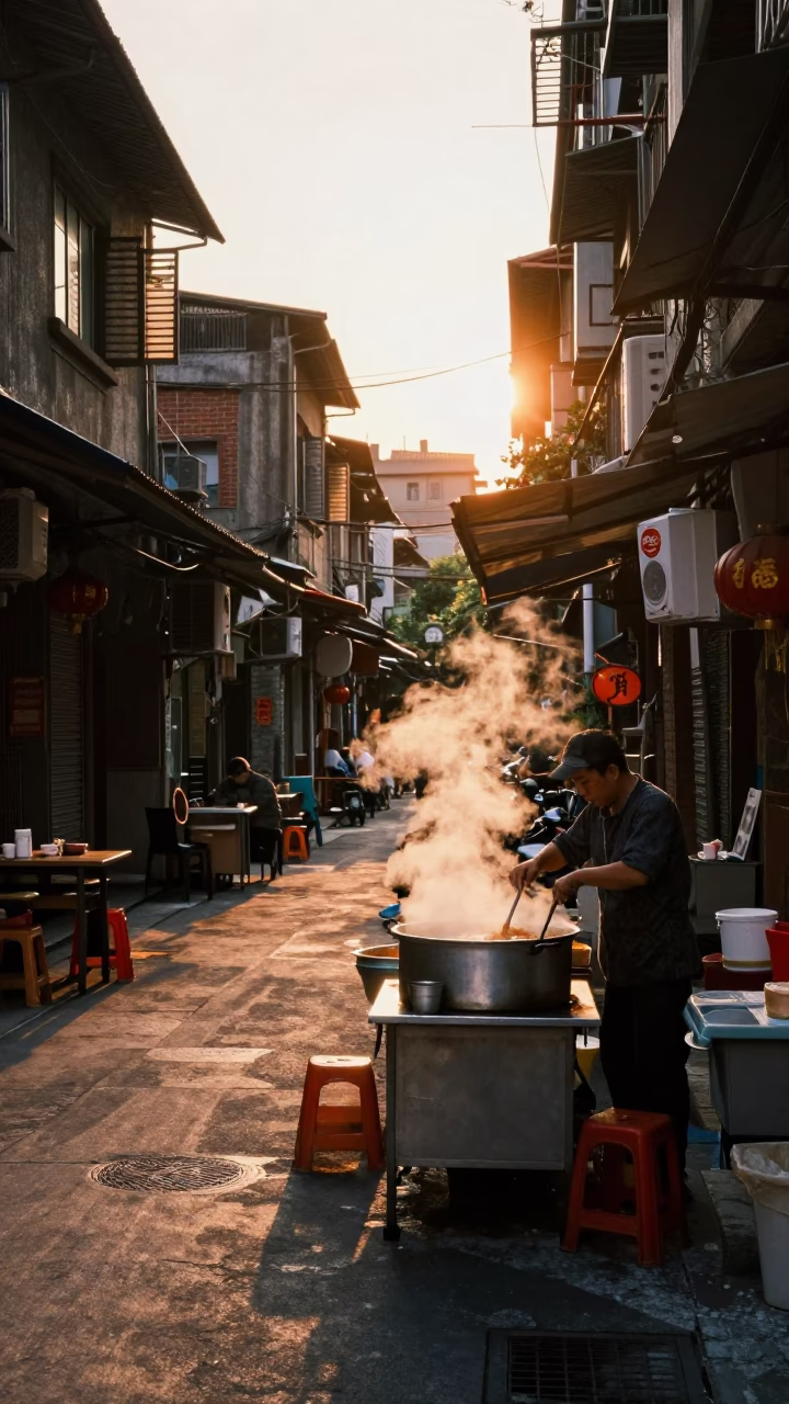 Taipei street scene at golden hour with traditional architecture and local life in in Taipei, Taiwan