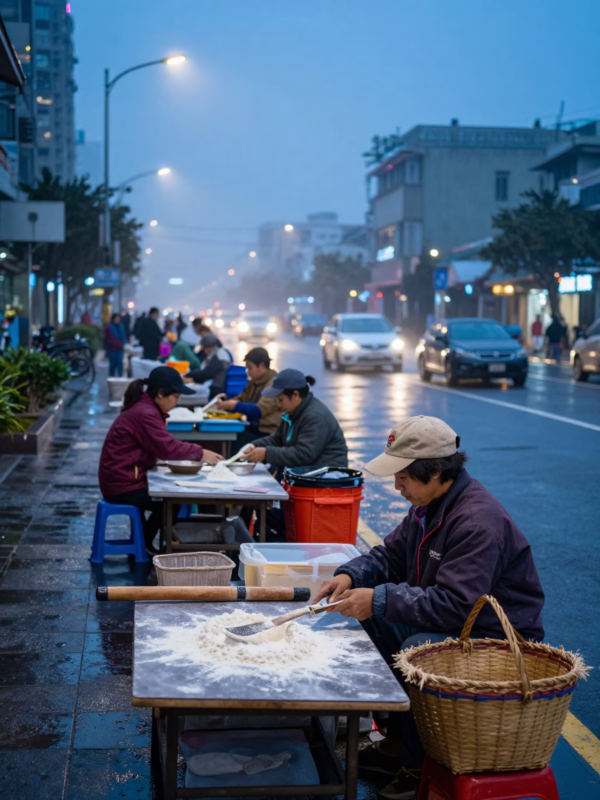 Taipei Street Scene at Nautical Dawn with Local Vendors and Morning Light in in Taipei, Taiwan