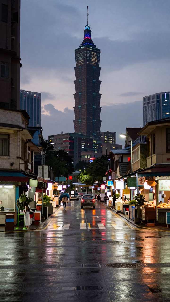 Taipei Street Scene at Nautical Dawn with Neon Reflections and Local Life in in Taipei, Taiwan
