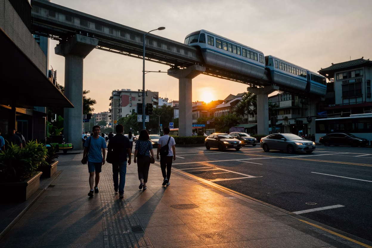 Taipei Street Scene at Sunset with Monorail Reflection and Urban Activity in in Taipei, Taiwan