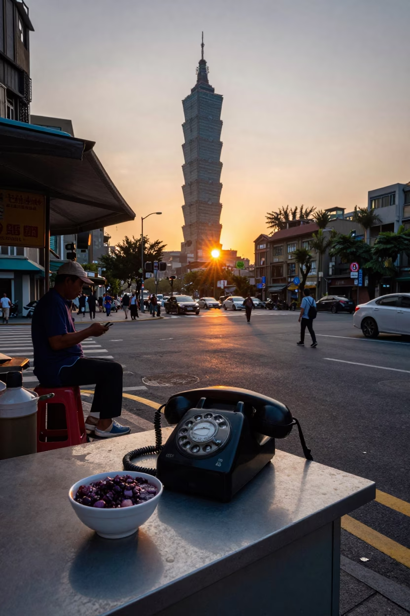 Taipei Street Scene at Sunset with Vintage Bakelite Telephone and Mosaic Details in in Taipei, Taiwan