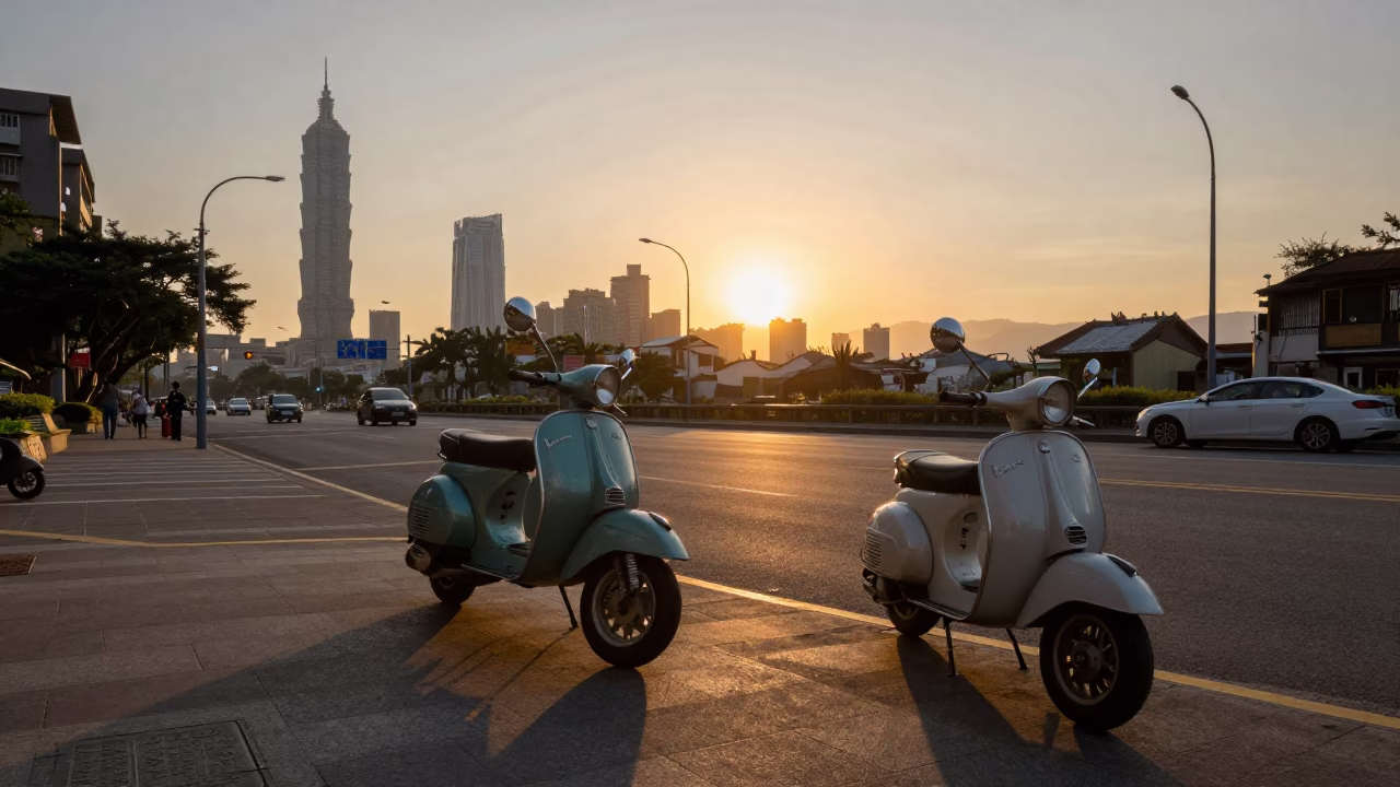 Taipei Street Scene at Sunset with Vintage Scooter and Traditional Signage in in Taipei, Taiwan
