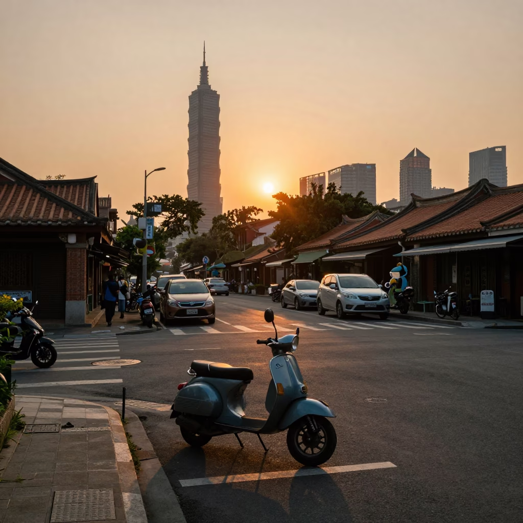 Taipei street scene at sunset with vintage scooter and urban storefronts in in Taipei, Taiwan