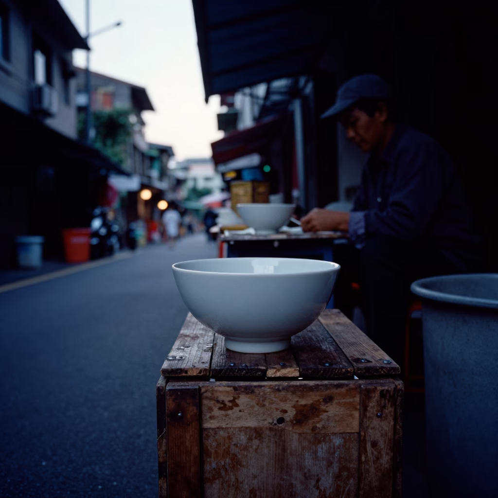 Taipei street scene before dawn with ceramic bowl and vintage radio in in Taipei, Taiwan