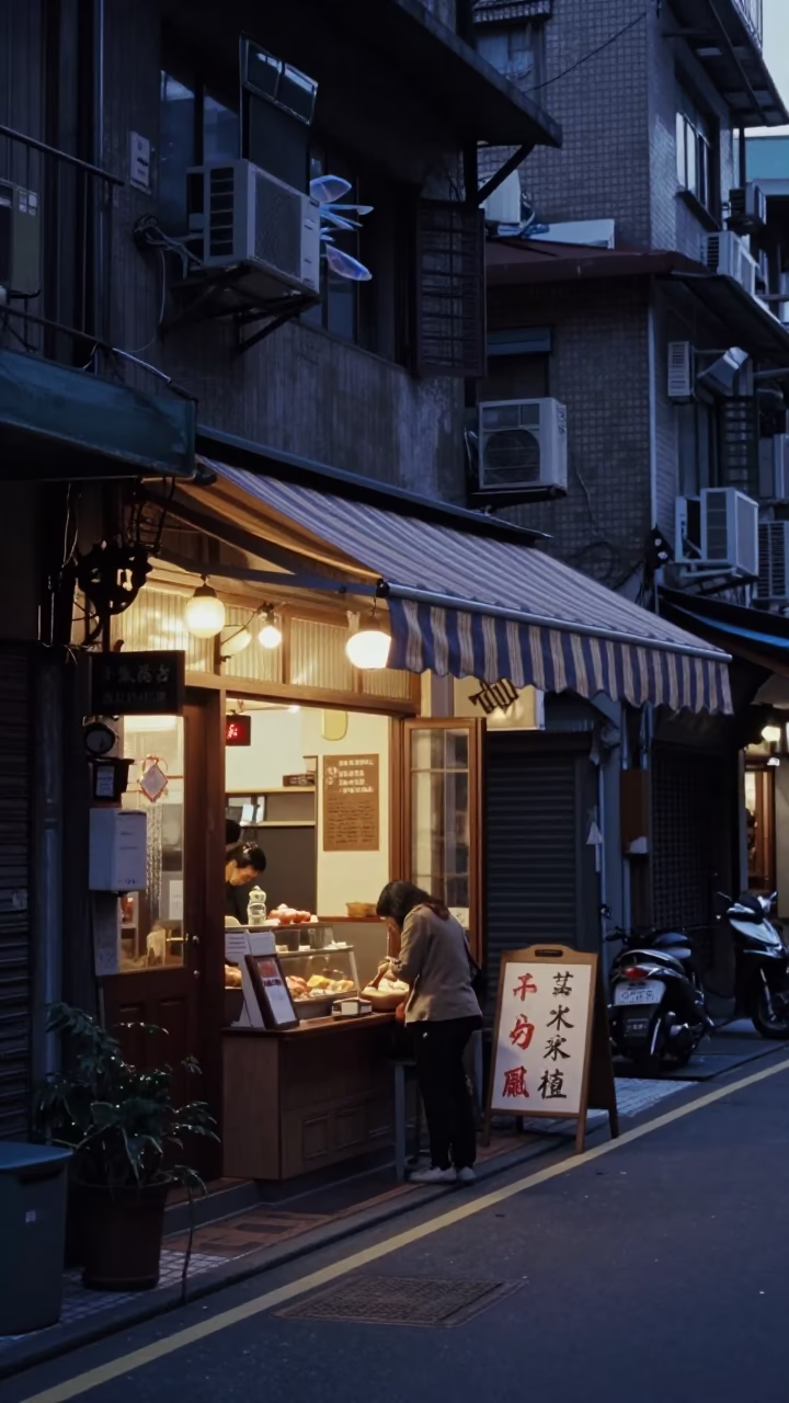 Taipei street scene before dawn with vintage awning and early morning coffee stall in in Taipei, Taiwan