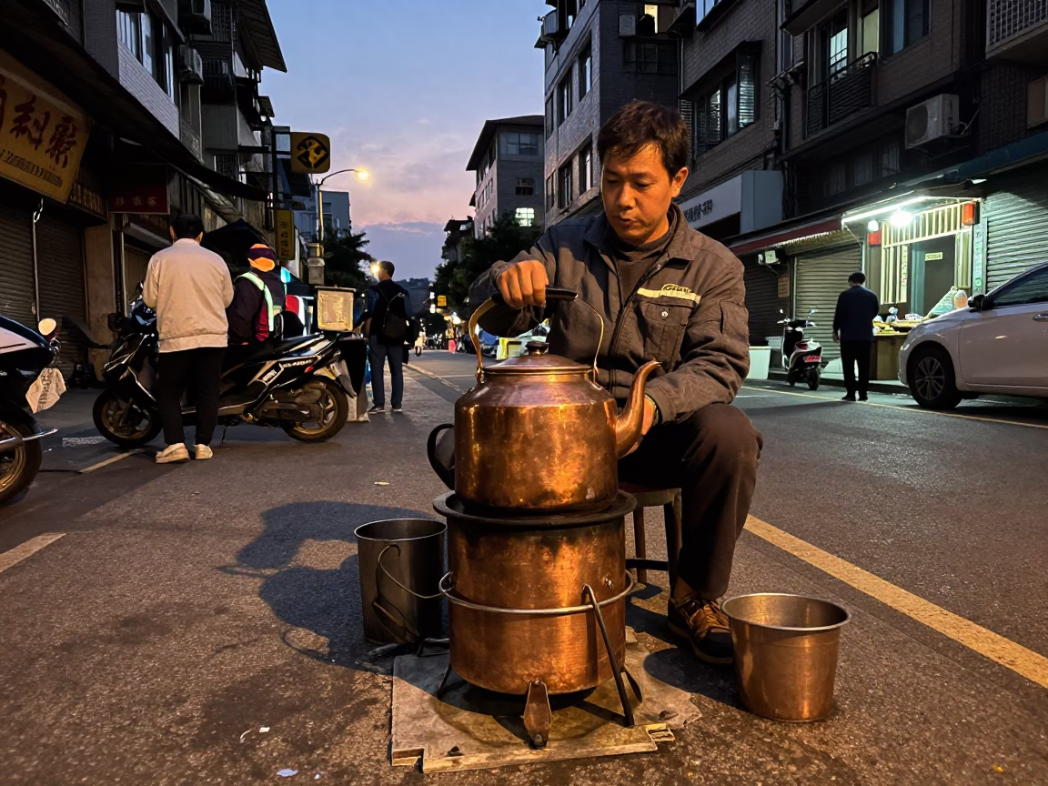Taipei Street Scene Before Dusk with Tea Kettle and Spice Jars in in Taipei, Taiwan