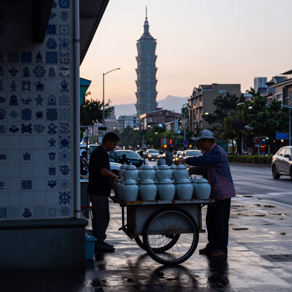 Taipei Street Scene Before Sunrise with Ceramic Tiles and Porcelain Jars in in Taipei, Taiwan