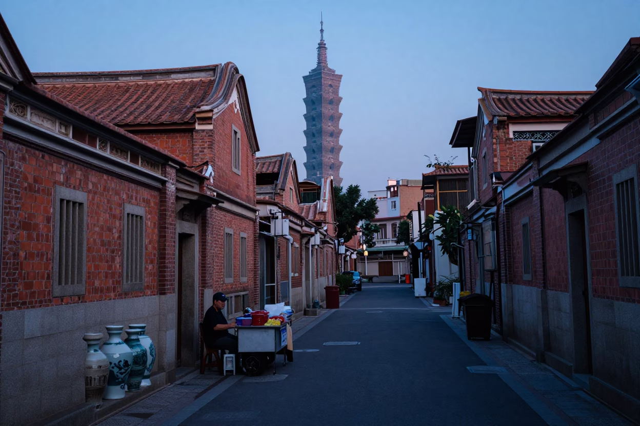 Taipei Street Scene Before Sunrise with Glazed Ceramic and Iron Details in in Taipei, Taiwan