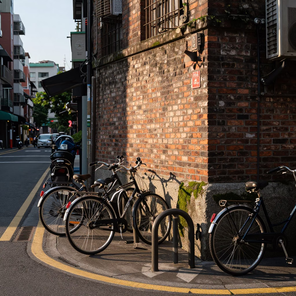 Taipei street scene early afternoon with bicycle racks and mossy logs in in Taipei, Taiwan