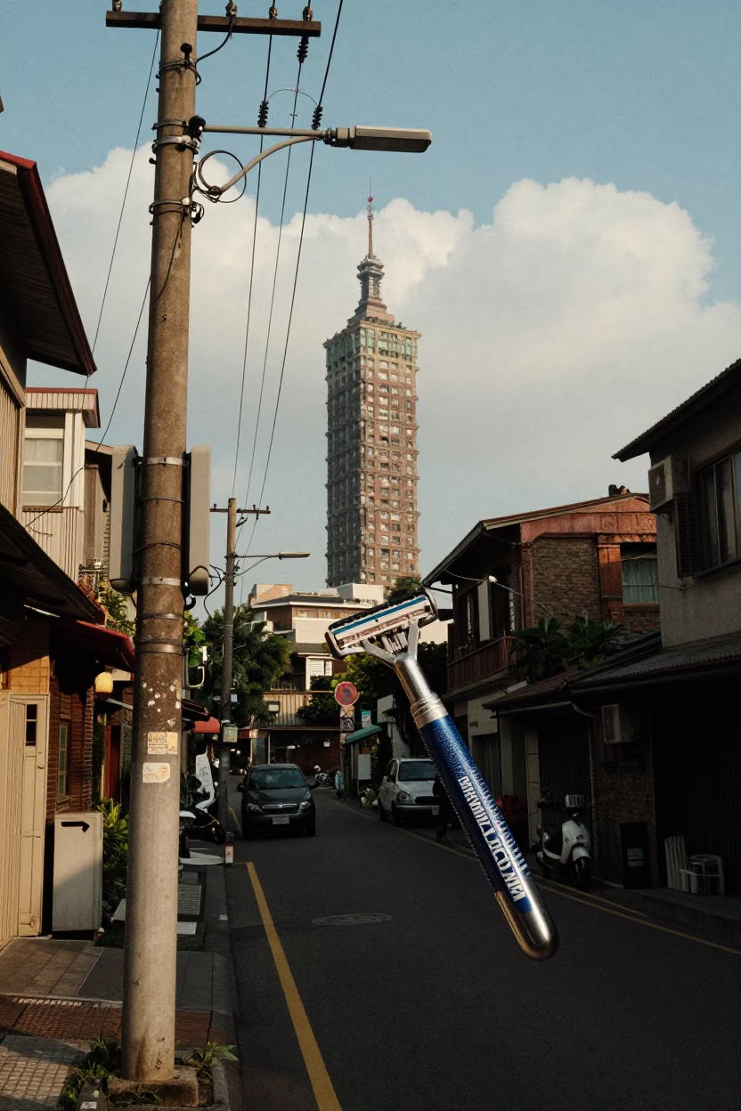 Taipei Street Scene Early Afternoon with Safety Razor and Canister Set in in Taipei, Taiwan