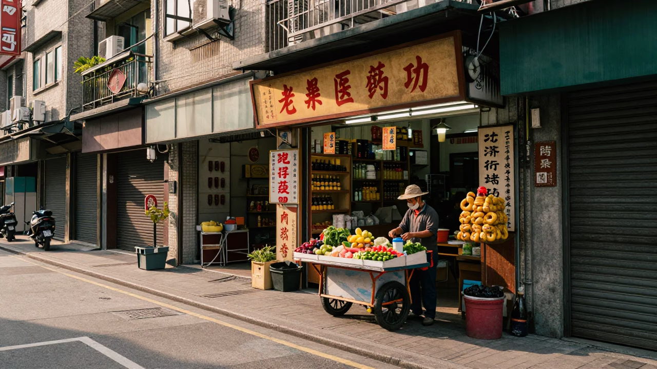 Taipei Street Scene Early Afternoon with Traditional Medicine Shop and Umbrella in in Taipei, Taiwan