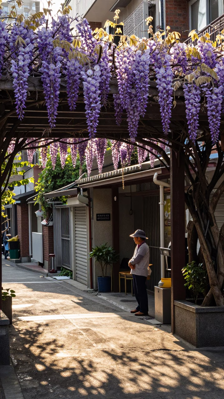 Taipei Street Scene Early Afternoon with Wisteria Pergola and Traditional Architecture in in Taipei, Taiwan