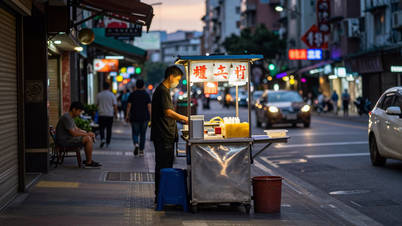 Taipei street scene early evening with vendor tiffin tin and urban activity in in Taipei, Taiwan