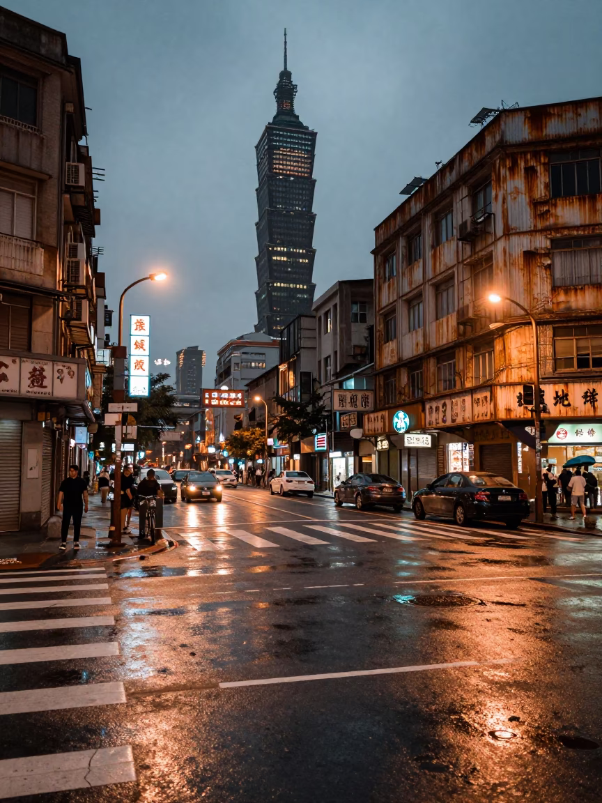 Taipei street scene in copper-toned dusk light with rusted rim details in in Taipei, Taiwan