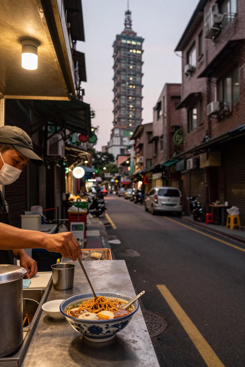 Taipei Street Scene in Copper Toned Dusk Light with Traditional Elements and Local Life in in Taipei, Taiwan