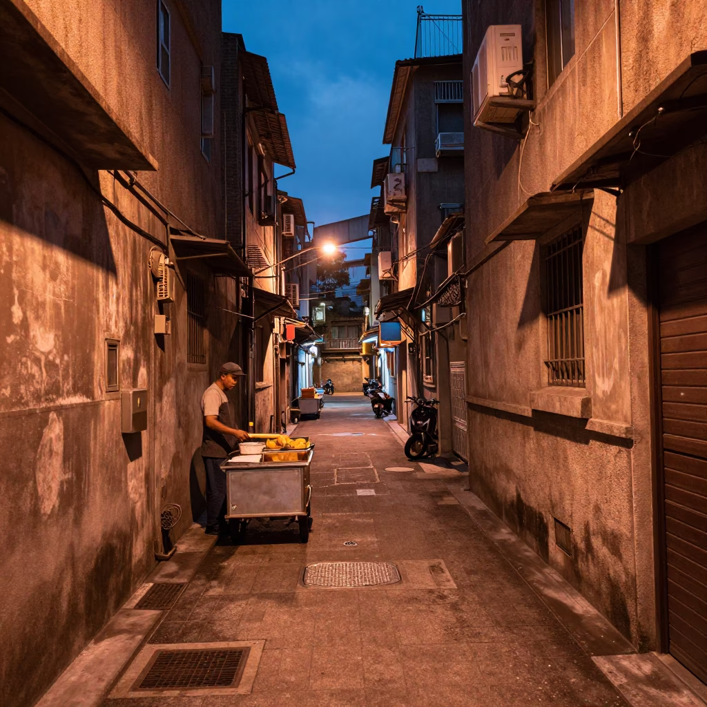 Taipei Street Scene in Copper Toned Light Before Dusk with Vintage Details in in Taipei, Taiwan