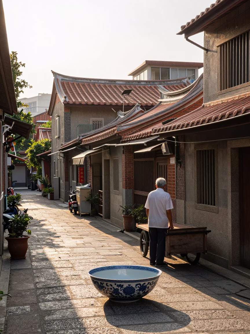 Taipei Street Scene Just After Sunrise with Blue and White Porcelain Bowl in in Taipei, Taiwan