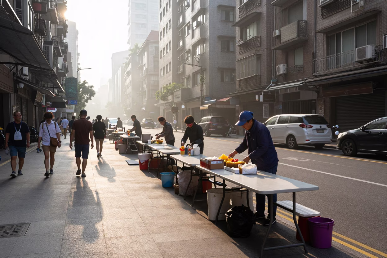 Taipei Street Scene Just After Sunrise with Folding Tables and Morning Light in in Taipei, Taiwan