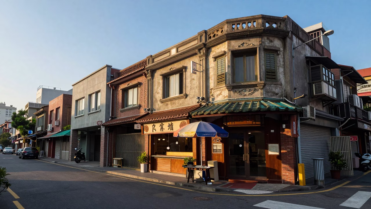 Taipei street scene just after sunrise with urban architecture and morning light in in Taipei, Taiwan