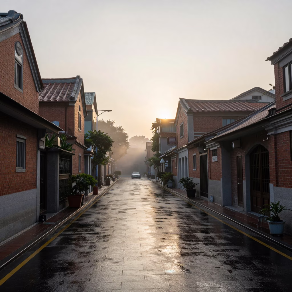 Taipei Street Scene Just After Sunrise with Wet Pavement and Early Morning Vendors in in Taipei, Taiwan