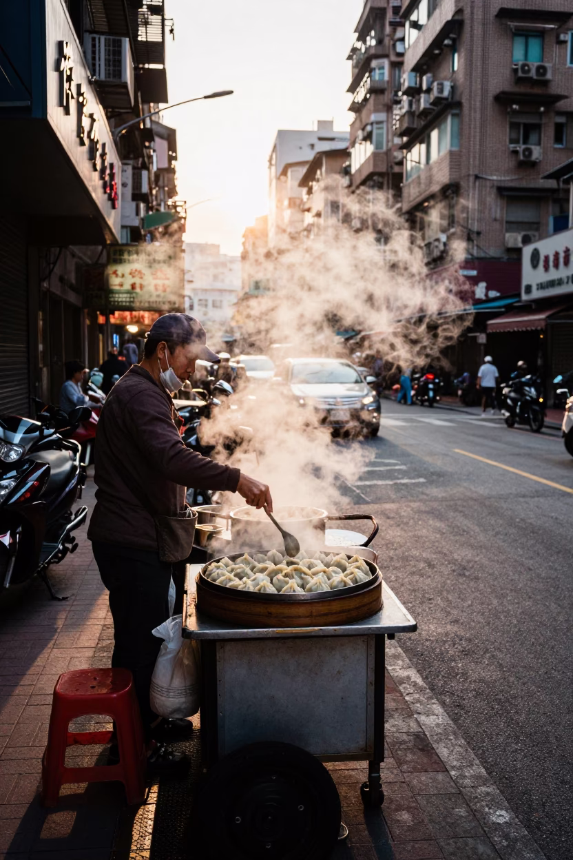 Taipei Street Scene Late Afternoon Steam from Dumpling Stall with Bullmastiff Nearby in in Taipei, Taiwan
