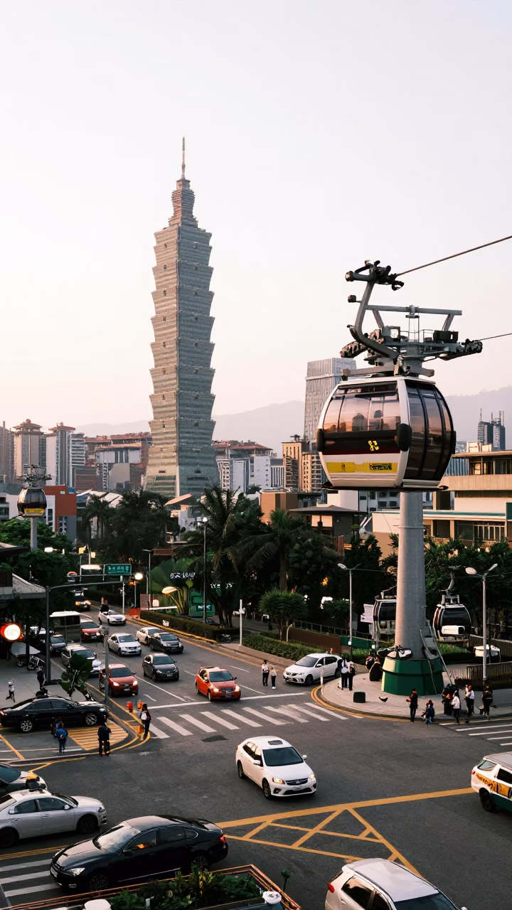 Taipei Street Scene Late Afternoon with Aerial Tramway and Heritage Tram in in Taipei, Taiwan