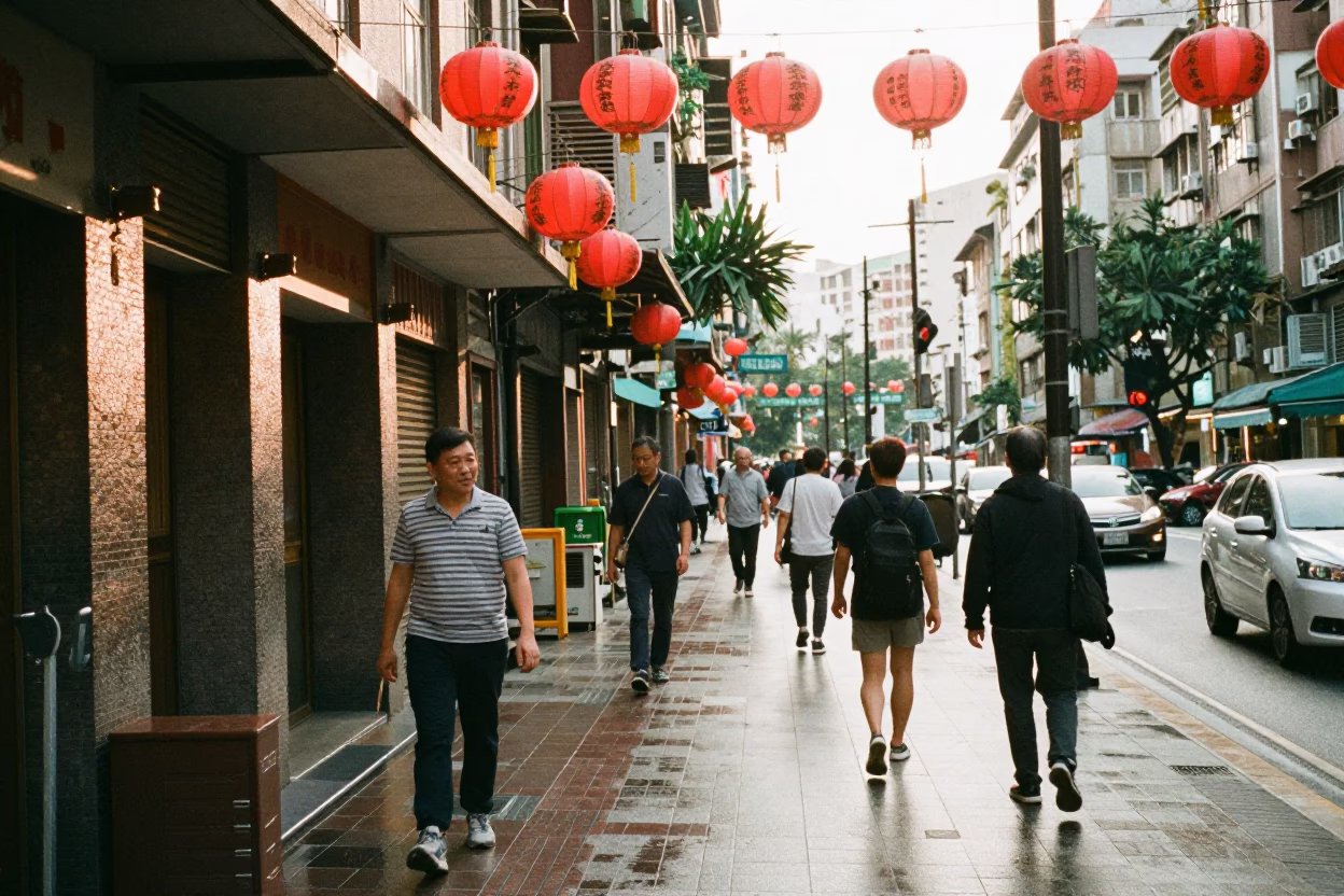Taipei Street Scene Late Morning with Traditional Lanterns and Local Commerce in in Taipei, Taiwan