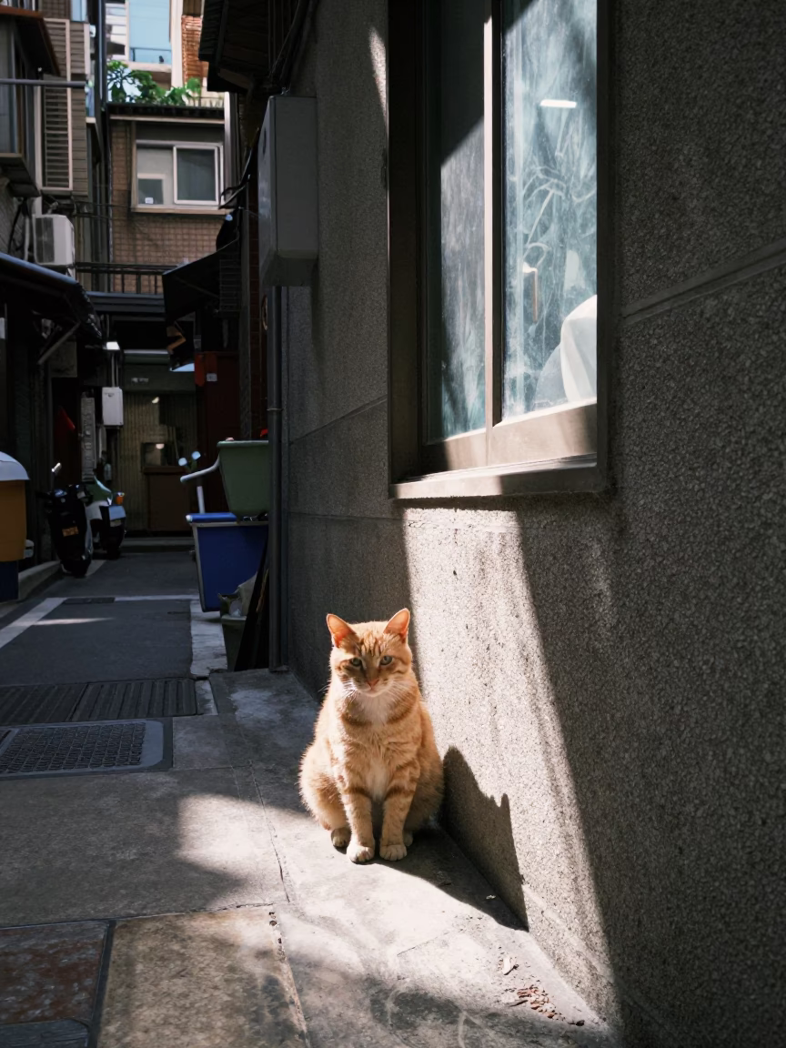 Taipei Street Scene Midday with Orange Cat and Window Light Reflections in in Taipei, Taiwan