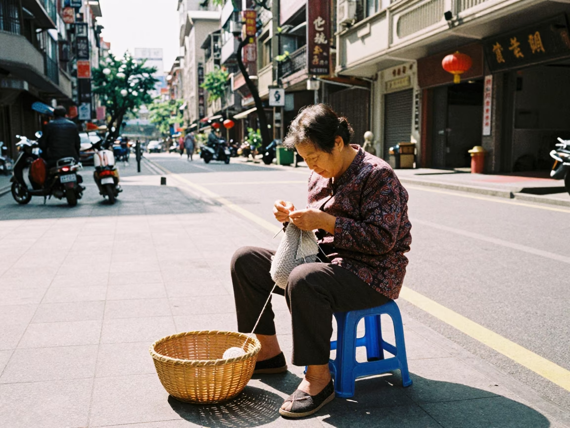 Taipei Street Scene Midmorning Light with Knitting Basket and Beaded Sandals in in Taipei, Taiwan
