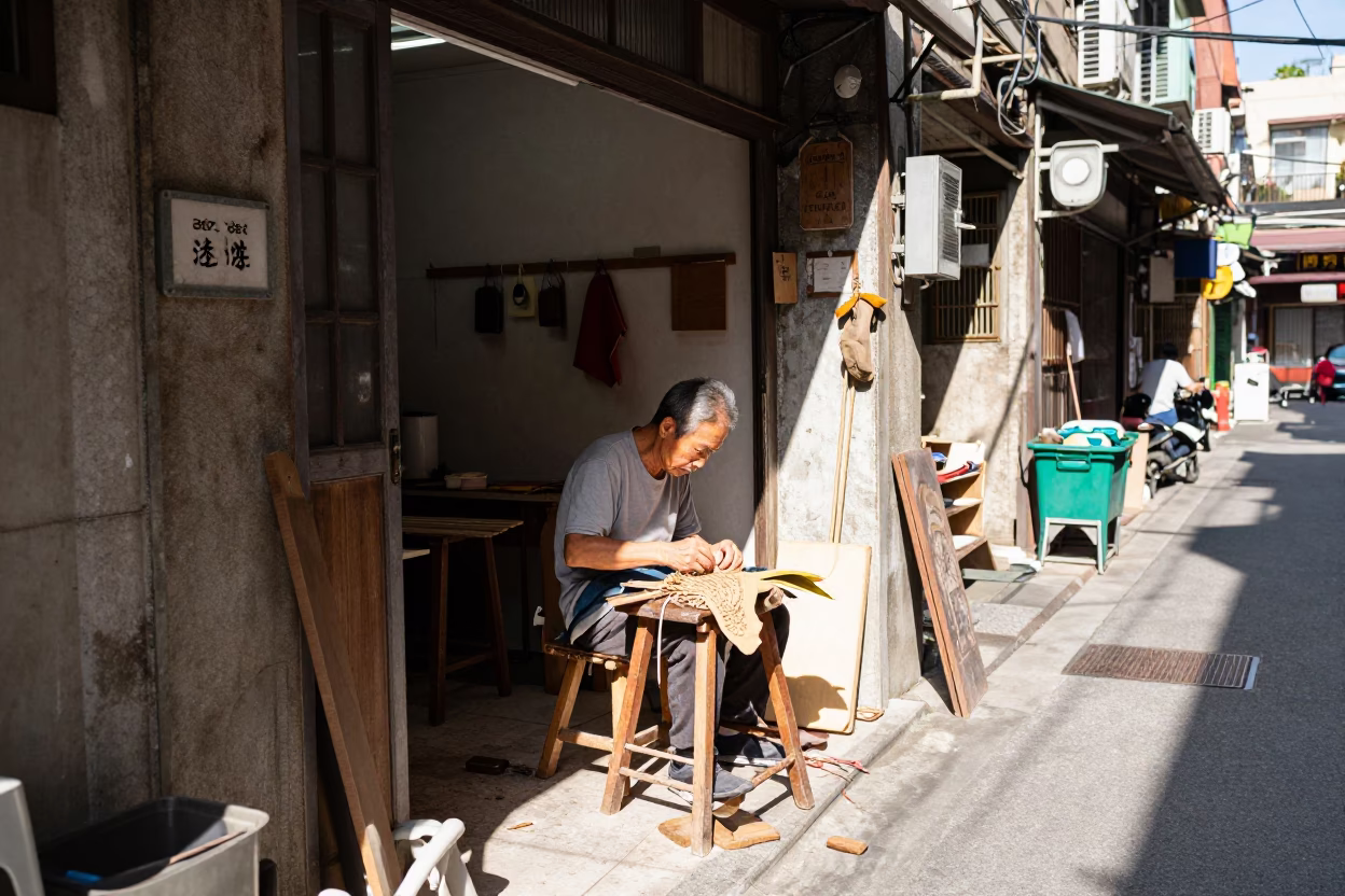 Taipei Street Scene Midmorning Light with Work Stool and Crochet Hook Detail in in Taipei, Taiwan