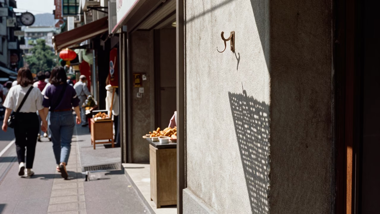 Taipei Street Scene Noon Light with Wicker Shadow and Magazine Rack in in Taipei, Taiwan