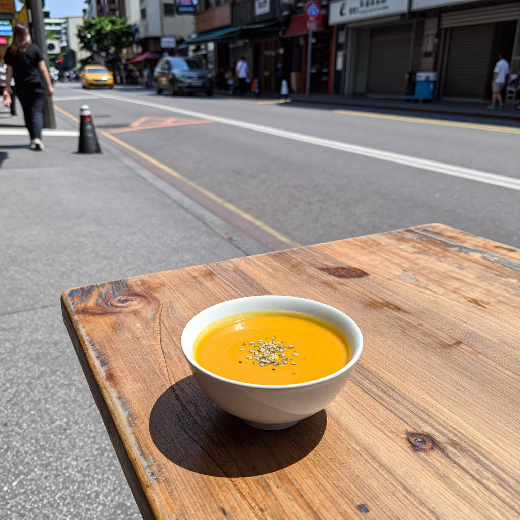 Taipei street scene under flat noon glare with ceramic bowl on sidewalk table in in Taipei, Taiwan