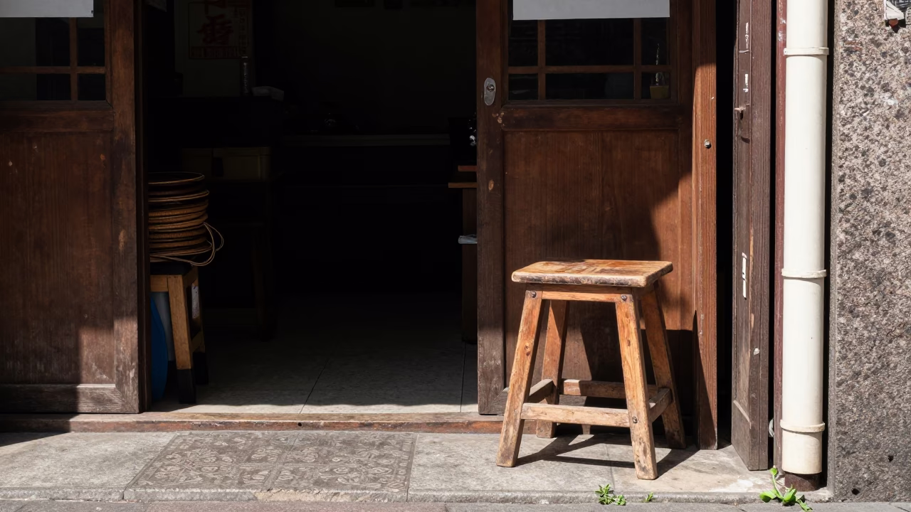 Taipei Street Scene Under Flat Noon Light with Coiled Rope and Work Stool in in Taipei, Taiwan