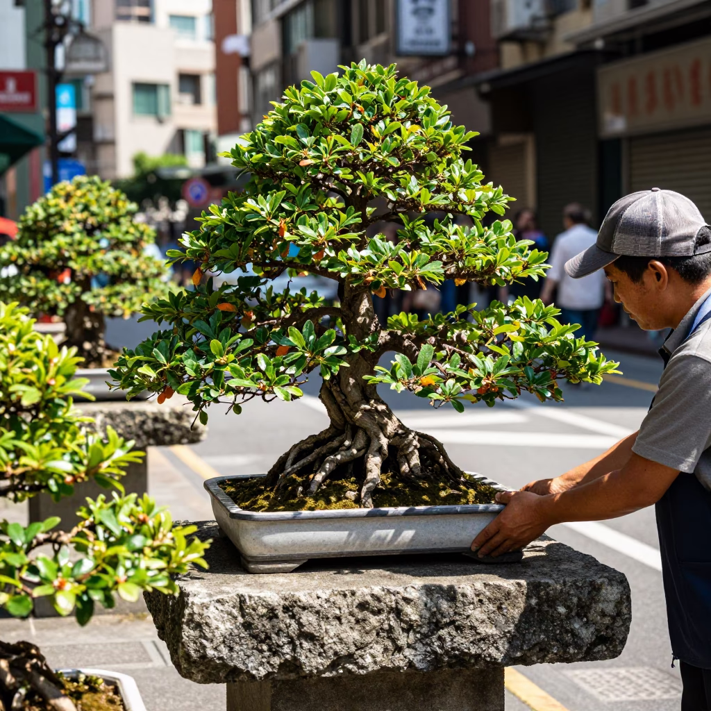 Taipei Street Scene with Bonsai Forest Planting on Stone Slab in Bright Midmorning Light in in Taipei, Taiwan