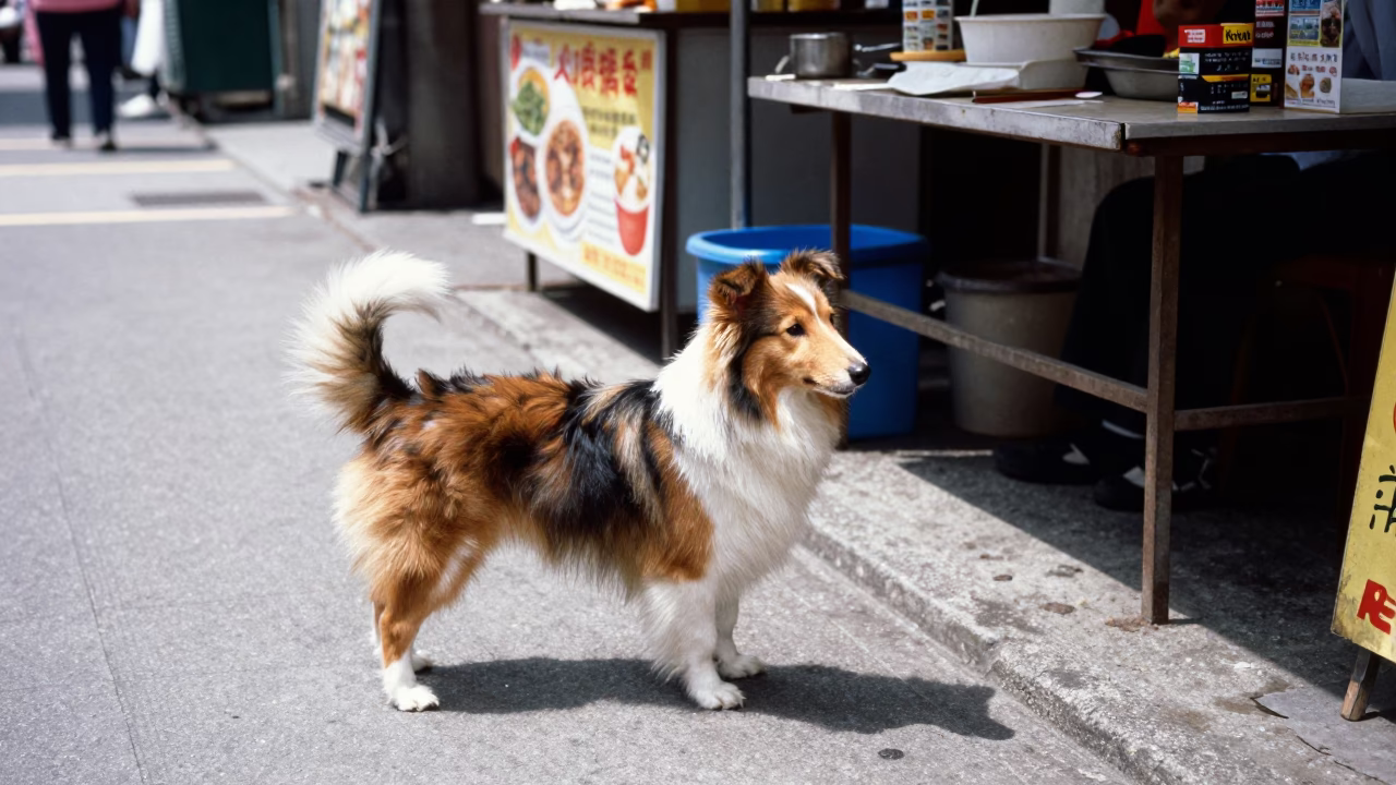 Taipei Street Scene with Dandie Dinmont Terrier and Urban Midday Activity in in Taipei, Taiwan