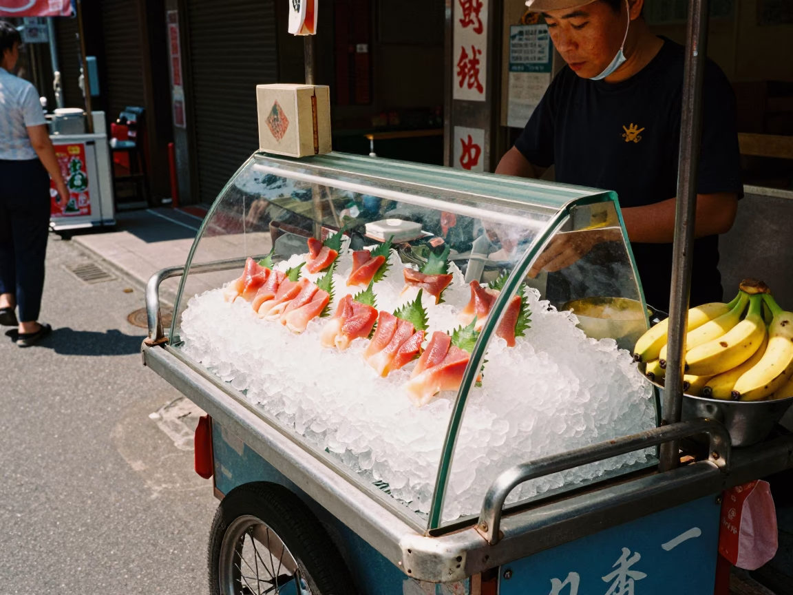 Taipei street scene with fresh sashimi and bananas in bright midmorning light in in Taipei, Taiwan