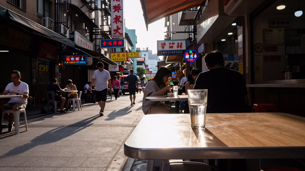 Taipei street scene with neon signs and glass tumbler on table in late afternoon in in Taipei, Taiwan