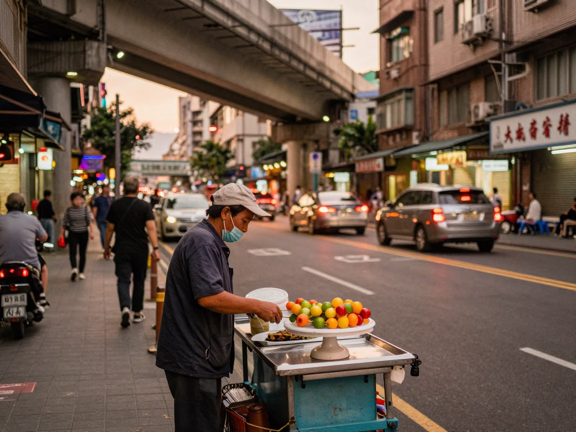 Taipei Street Scene with Overpass Taillights and Local Street Food Vendor in in Taipei, Taiwan