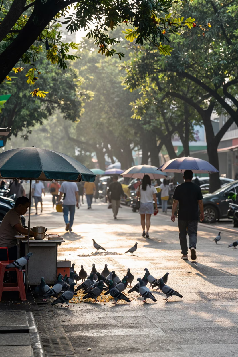 Taipei street scene with pigeons and umbrellas in morning light in in Taipei, Taiwan