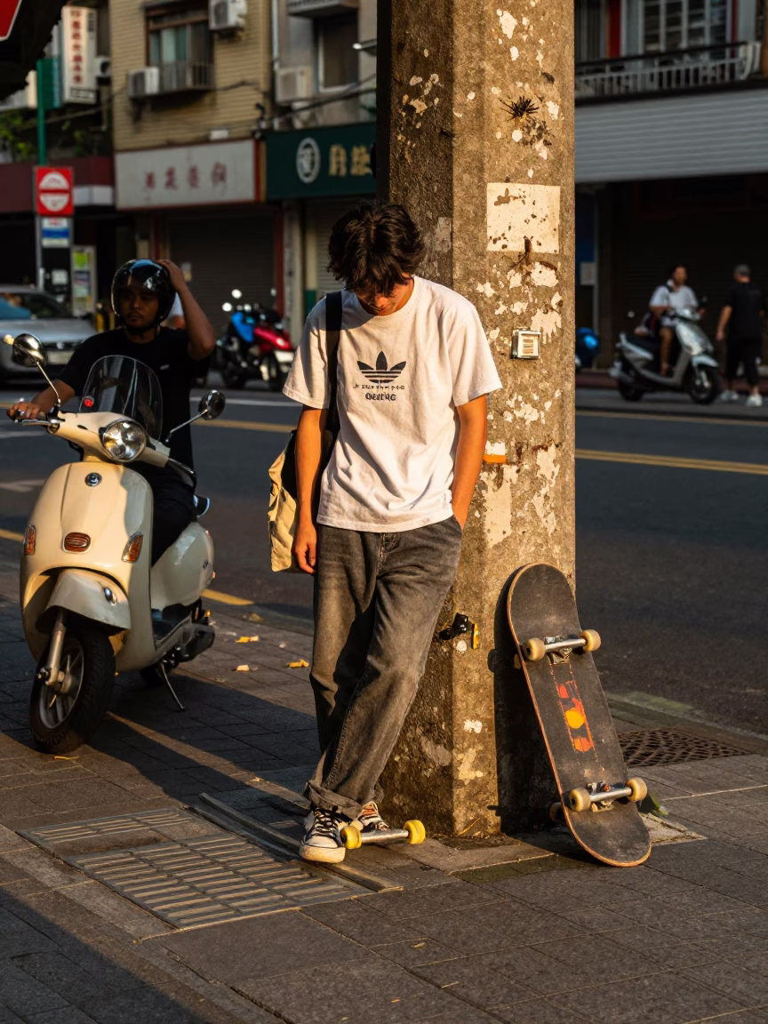 Taipei Street Scene with Skateboarder and Vintage Scooter in Honeyed Evening Light in in Taipei, Taiwan
