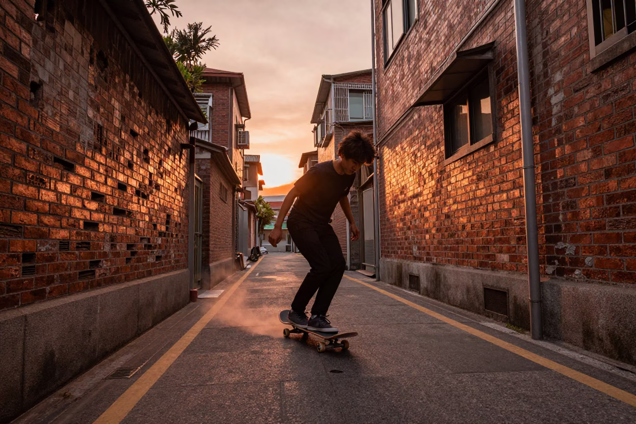 Taipei Street Scene with Skateboarder in Copper Toned Dusk Light in in Taipei, Taiwan