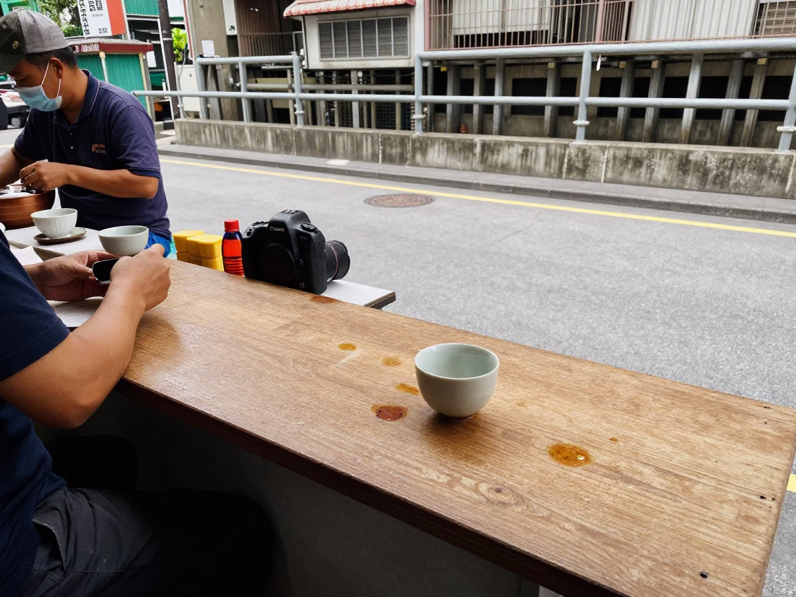 Taipei Street Scene with Tea Stains and Sluice Gate Details Under Noon Light in in Taipei, Taiwan