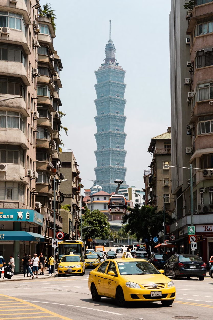 Taipei street scene with yellow taxi and aerial tramway gondola in bright midmorning light in in Taipei, Taiwan