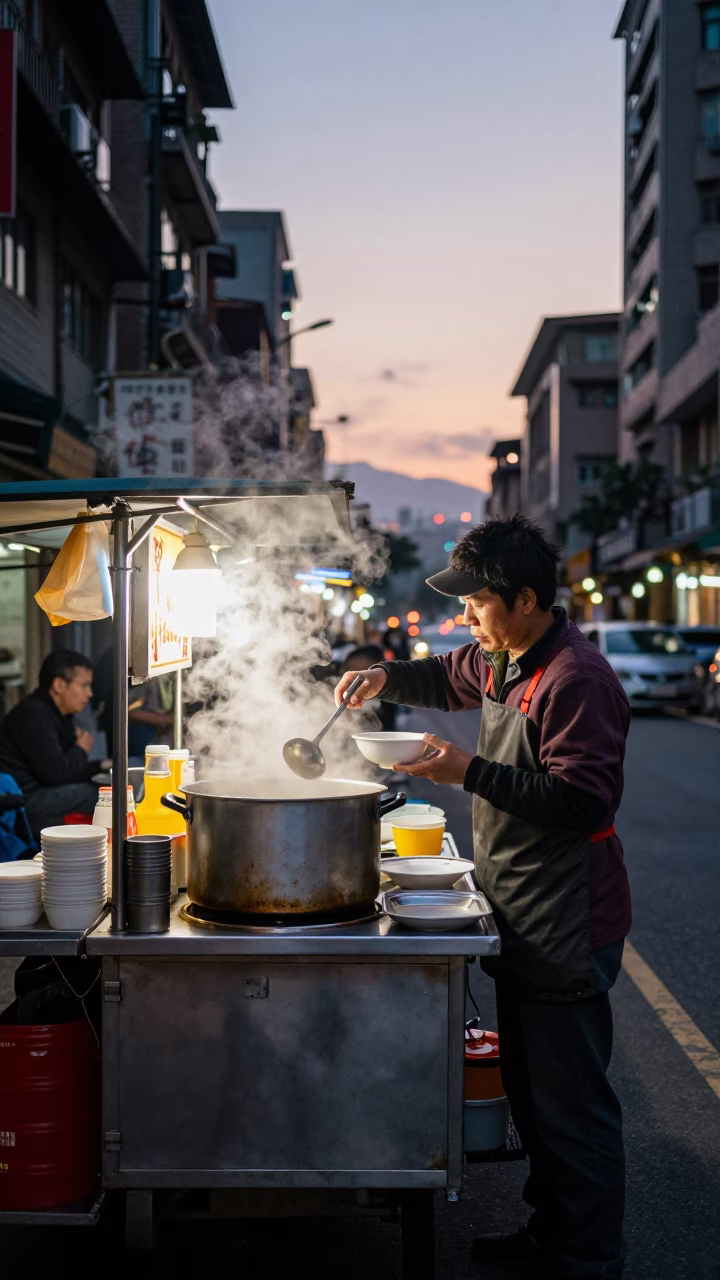 Taipei street vendor breakfast stall before dawn with steam and early morning light in in Taipei, Taiwan